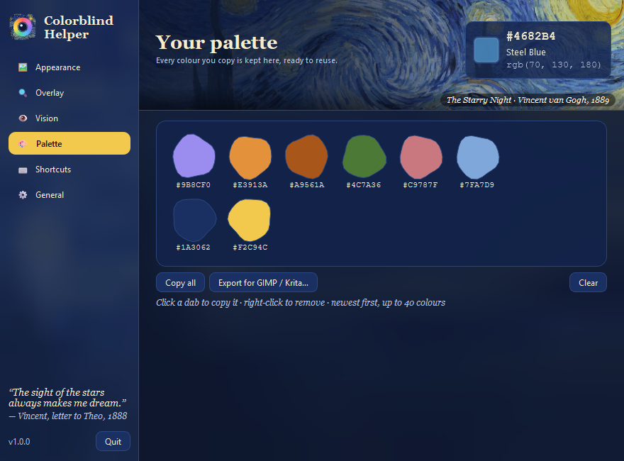 Artist's palette of saved colors as paint dabs