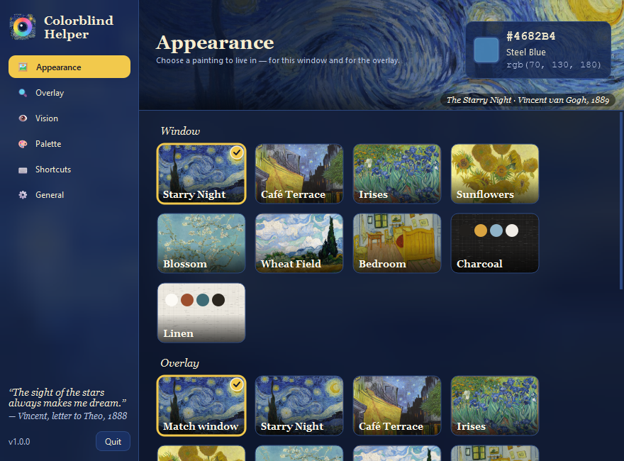 Settings window in the Starry Night theme with painting theme picker