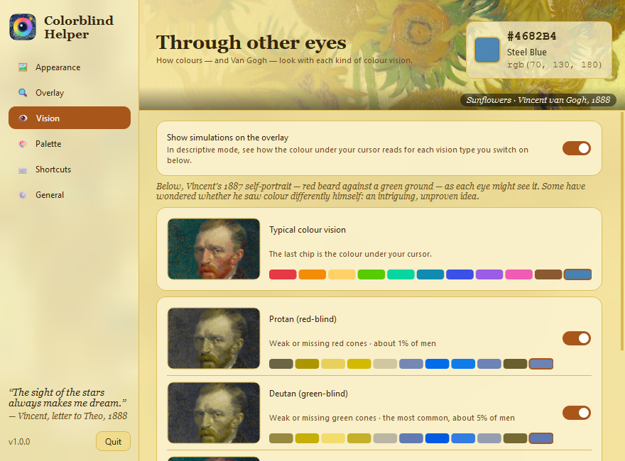 Color vision settings with protanopia and deuteranopia previews