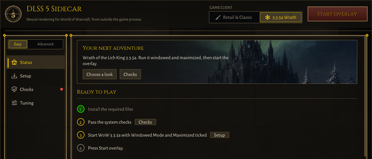 The manager with the 3.3.5a client selected and a ready-to-play checklist