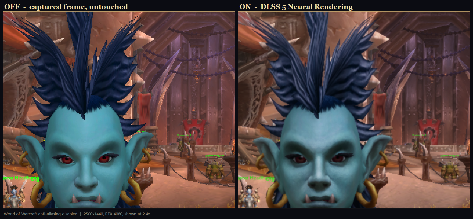 World of Warcraft character face with DLSS 5 Neural Rendering off on the left and on on the right
