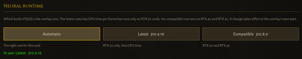 The neural runtime setting with Automatic, Latest 310.9.16 and Compatible 310.8.0 options